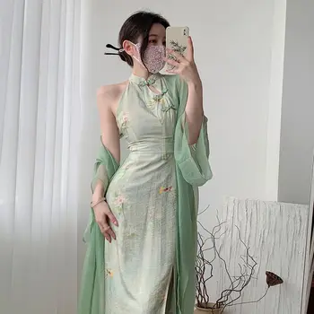 Елегантен зелен чонсам, секси кухи принт, висящи силует, разрези, без ръкави, ежедневното пролетно-лятна дълга рокля от полиестер в китайски стил