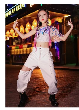 Джаз танц костюм за момичета Градинска облекло в стил хип-хоп Блузи с пайети, Отворени Свободни панталони, комплект дрехи за улични танци