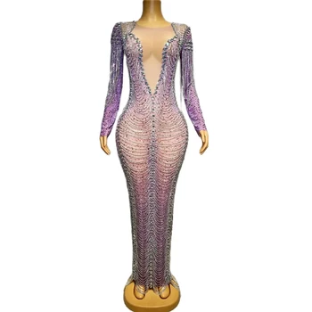 Секси лилава рокля с кристали AB, вечерна рокля-участък за нощен клуб, рокля за изяви на певицата, рокля за фотосесия.