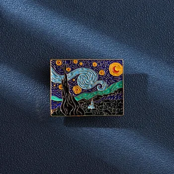 Брошка с маслена рисувани Муйлинды Ван Гог, Икона с образа на Слънцето, Луната, звездите, Творчески эмалевые игли, аксесоари за студентски чанти, Аксесоари за устойчиво развитие