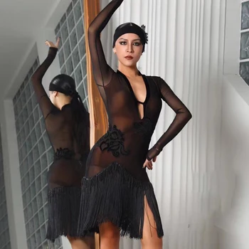 Женствена рокля За Латино Танци, Секси, с Прозрачна Рокля С Ресни, Рокли за състезания по Латиноамерикански танци Chacha Samaba Tango JX335