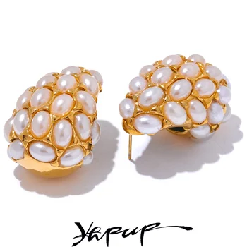 Yhpup Изискан култивирани перли в капчици вода Модни обеци-карамфил за жени Темперамент от неръждаема стомана Случайни чар Бижута Подарък