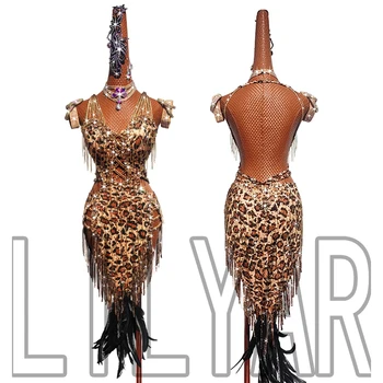 Леопардовый модел Латинска конкурс за танц рокля за жените сексуалната отворена върти рокля от висок клас пълна с диаманти танго ча-ча-ча латински танц рокля