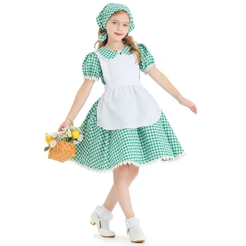За момичета и деца Костюм на камериерка Алиса Cosplay в пасторальном стил, Зелено решетчатое една рокля, костюм за парти, сценичното представяне, костюм