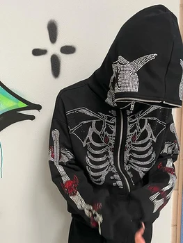 Дамски hoody Y2K джоб с участието на скелета - hoody голям размер с качулка, дълги ръкави и кристали