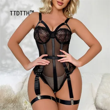 Комплект дамско бельо TTDTTH Дантела Teddy Bodysuit за жени - Секси бельо с отворен гръб, идеално за екзотични, еротични и порно сцени