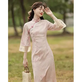 2023 Ново Розово дантелено секси рокля с бродерия Чонсам, винтажное китайското традиционно Ципао с дълъг подобрен ръкав, от S до XXL