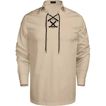 Мъжка тениска с V-образно деколте, дантела, с дълги ръкави, однотонная памучен pirate риза средновековния Ренесанс от коноп