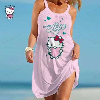 Рокля без ръкави Hello Kitty, дамско модно лятна плажна рокля на спагети презрамки, богемные вечерни рокли без ръкави, елегантна подгъва на сарафана