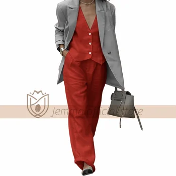 Жена ленена жилетка и панталони по поръчка, комплект от 2 теми - един модерен и универсален за офиса, свободното време и почивка