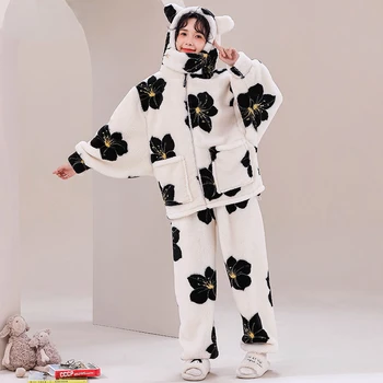 Маркови комплекти за есен-зима топла пижама с принтом, дамски пижами, пижамный комплект голям размер, Корейската пижама с качулка, цип, ципове, дебели