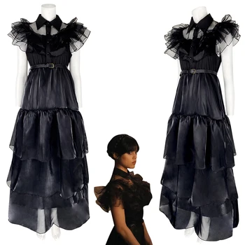 Черно женствена рокля за околната среда, cosplay костюм за Хелоуин, Коледа рокля за парти, маскарадное рокля Wednesday Black Addams 110-150 XS-3XL