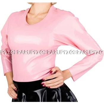 Розова секси латексова риза с цип отзад, дълги ръкави, кръгла яка, ластик блуза, топ yf безжичната-0139