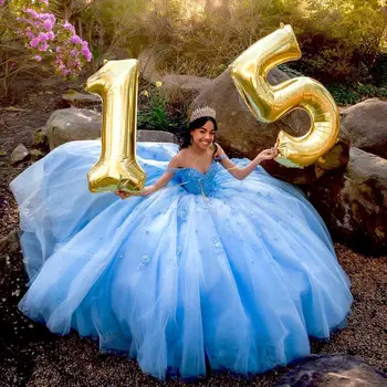Синьо Пищни рокля 2023, Тюлевая Лейси апликация, V-образно деколте, С открити рамене, Сладък Подарък за рождения Ден на 15-16, дрехи за принцесата и мис Конкурс