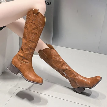 Бродирани ботуши до коляното в западен стил, дамски Есенни обувки 2023 година на висок ток с остър пръсти, женски каубойски ботуши от изкуствена кожа в Ретро стил