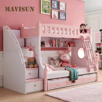 Североевропейская двуетажно легло за деца от 5 до 8 години, модерна и скъпа мебели за спални за момичета, Розов замък, Луксозно легло