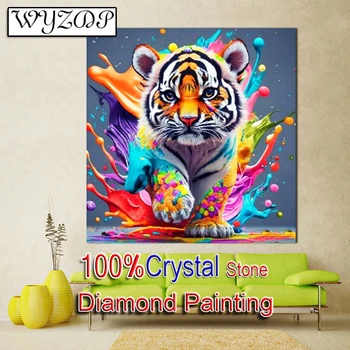 5D Сам 100% Картина от кристали с кристали Малък тигър, пълна с квадратна диамантена кръст бод, Diamond изкуство, Crystal Docer 20240106