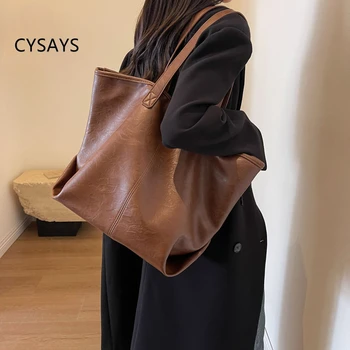 Висококачествена дамска чанта-тоут от мека изкуствена кожа с голям капацитет в корейски стил 2024 просто однотонного цвят с чанта на едно рамо