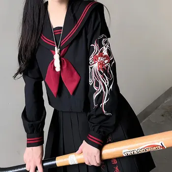 Училищна униформа с бродерия за момичета, отгоре с дълъг ръкав, японската училищна облекло за моряците, аниме за жени, S-XL