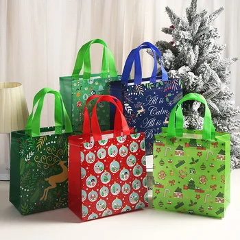 1 бр. Коледен подаръчен пакет от нетъкан текстил, торбички за опаковане на бонбони, сладки, за да проверите за партита с принтом Дядо Коледа, Множество чанта за пазаруване