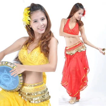 Жена комплект костюми за танц на корема, топ за ориенталски танци, панталони, Облекла за танци, ориенталски Танци индийски стил, 10 цвята