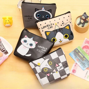 Чанти за монети и пари с Корейски анимационни котка, квадратен торбичка за пари с цип от изкуствена кожа, слушалки, ключове, линия за предаване на данни, Идентификация гума, Кредитни карти, чанта за съхранение