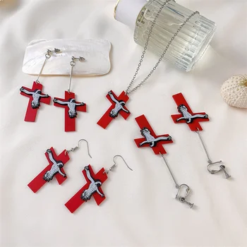 Акрилни обеци с преувеличени Голям Червен Кръст на Исус, Ужасно Големи Стръмни Панковские обици с червен Кръст, за жени, вечерни украса