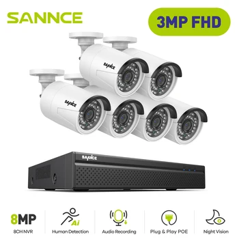 SANNCE Full HD PoE 3MP Bullet Камера Водоустойчива Система от охранителни Камери за Нощно Виждане 10CH H. 265 + Видеосигнализация NVR Запис