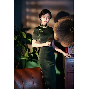 3 цвята; Ретро сатен стоящ яка; Рокля Long Women; 2022; Есен елегантна зелена рокля; традиционен Китайски Ципао; големи размери